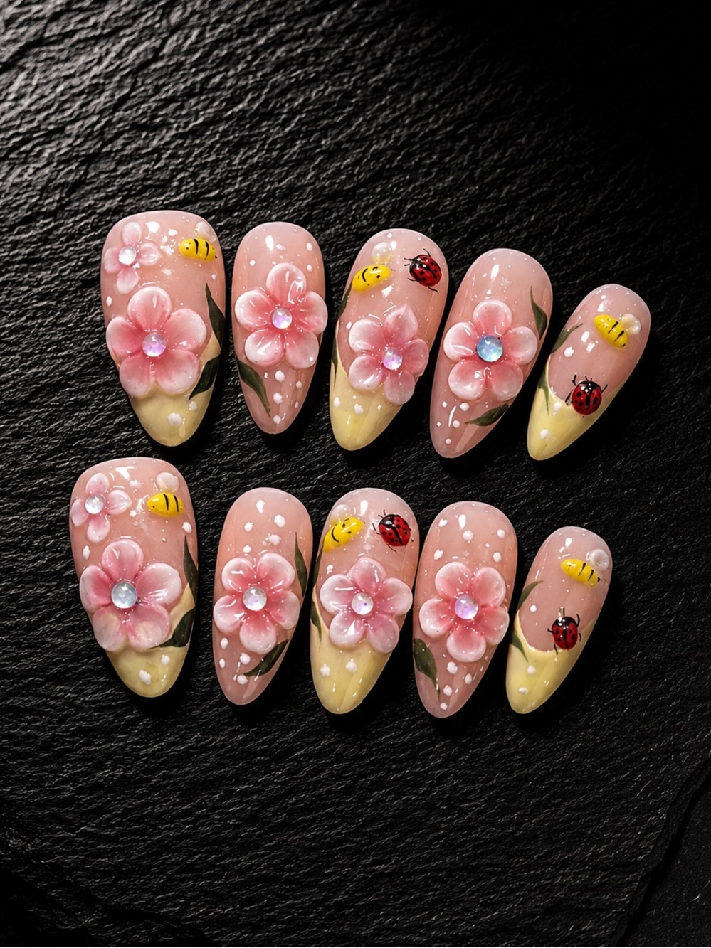 Floral 3D Press-On Nail Set – Pink & Green